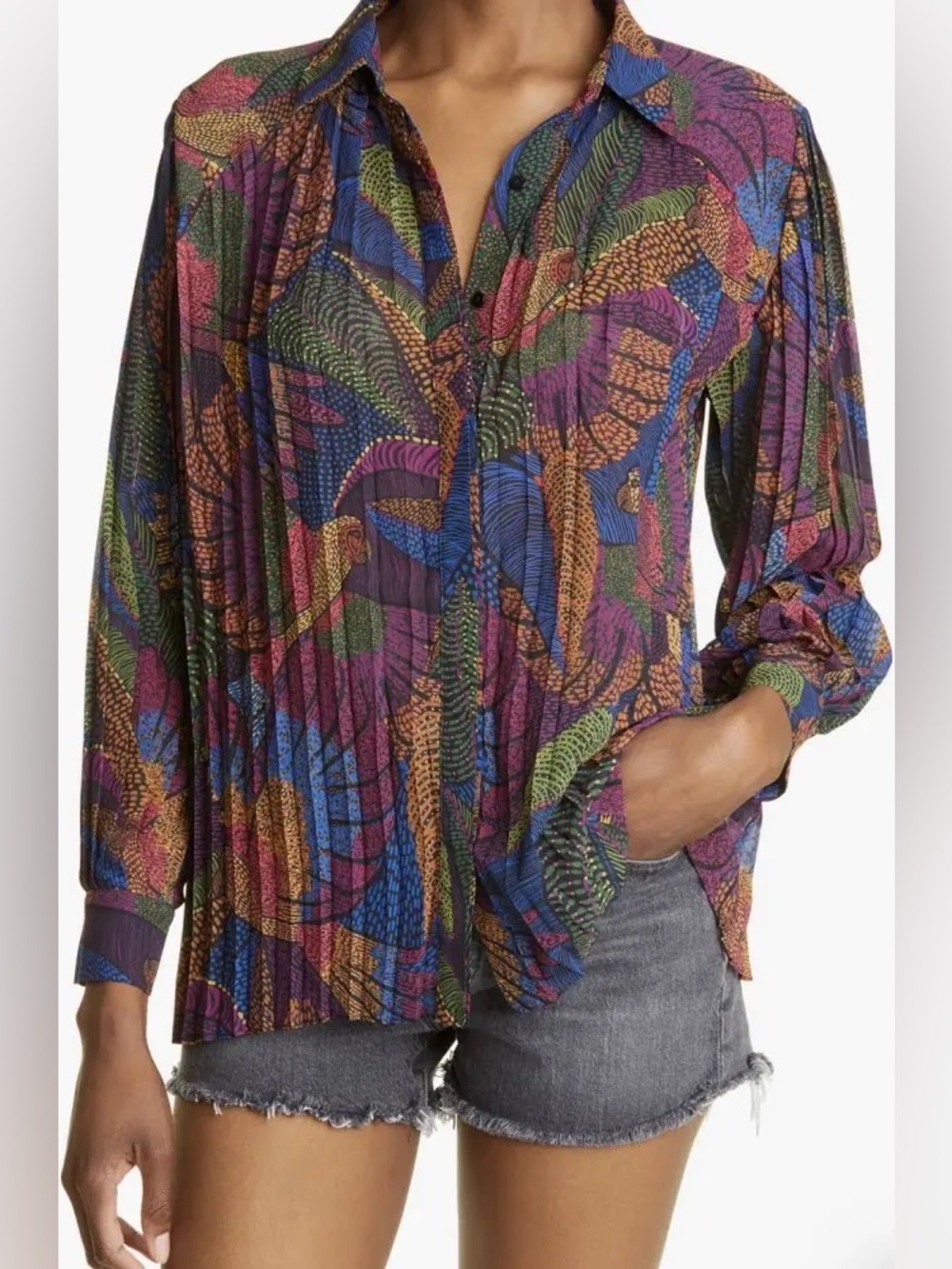 FARM Rio Multicolor Pleated Button-Down Shirt